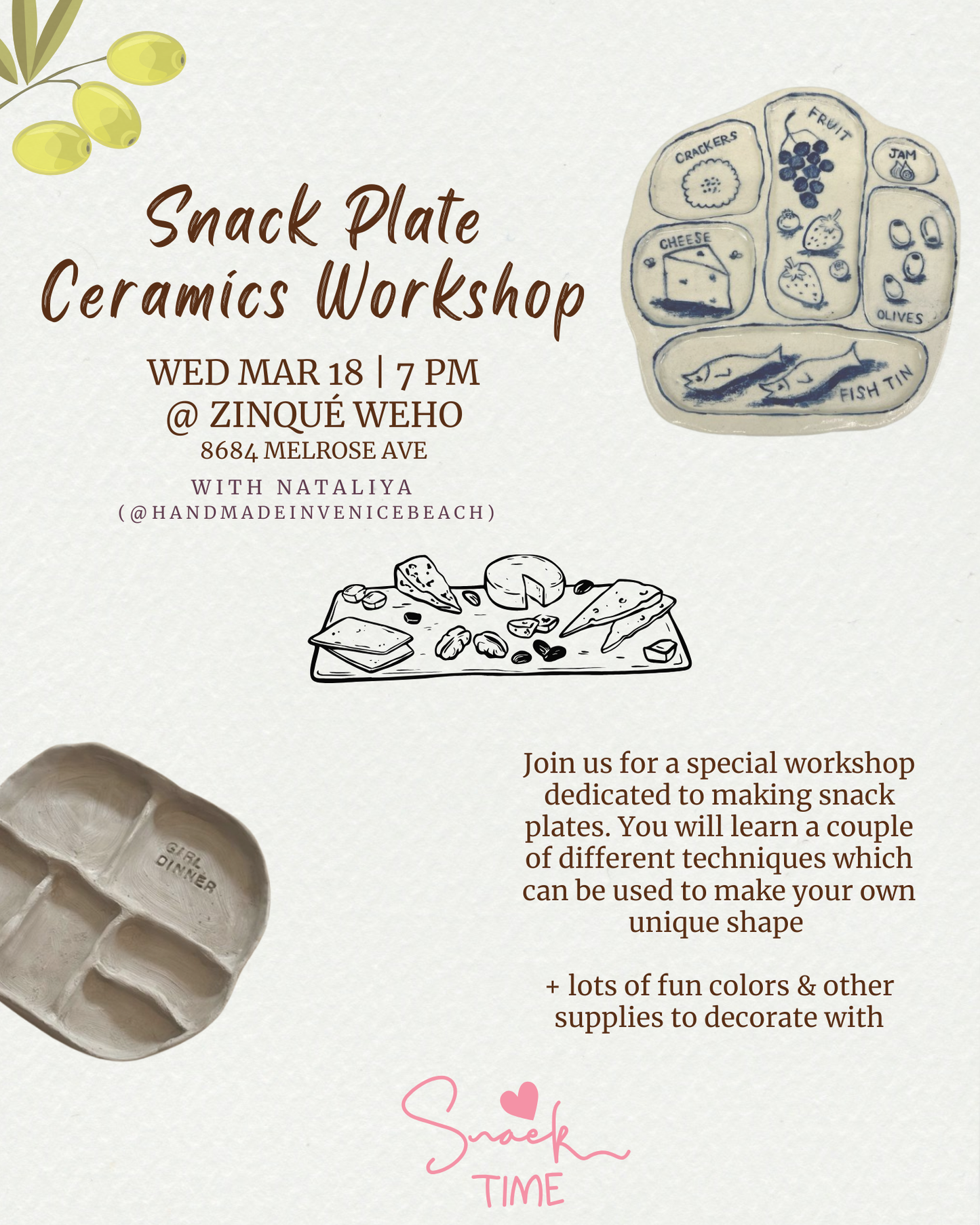 March 18 | 🫒🧀 Snack Plate Ceramics Workshop @ Zinqué WeHo