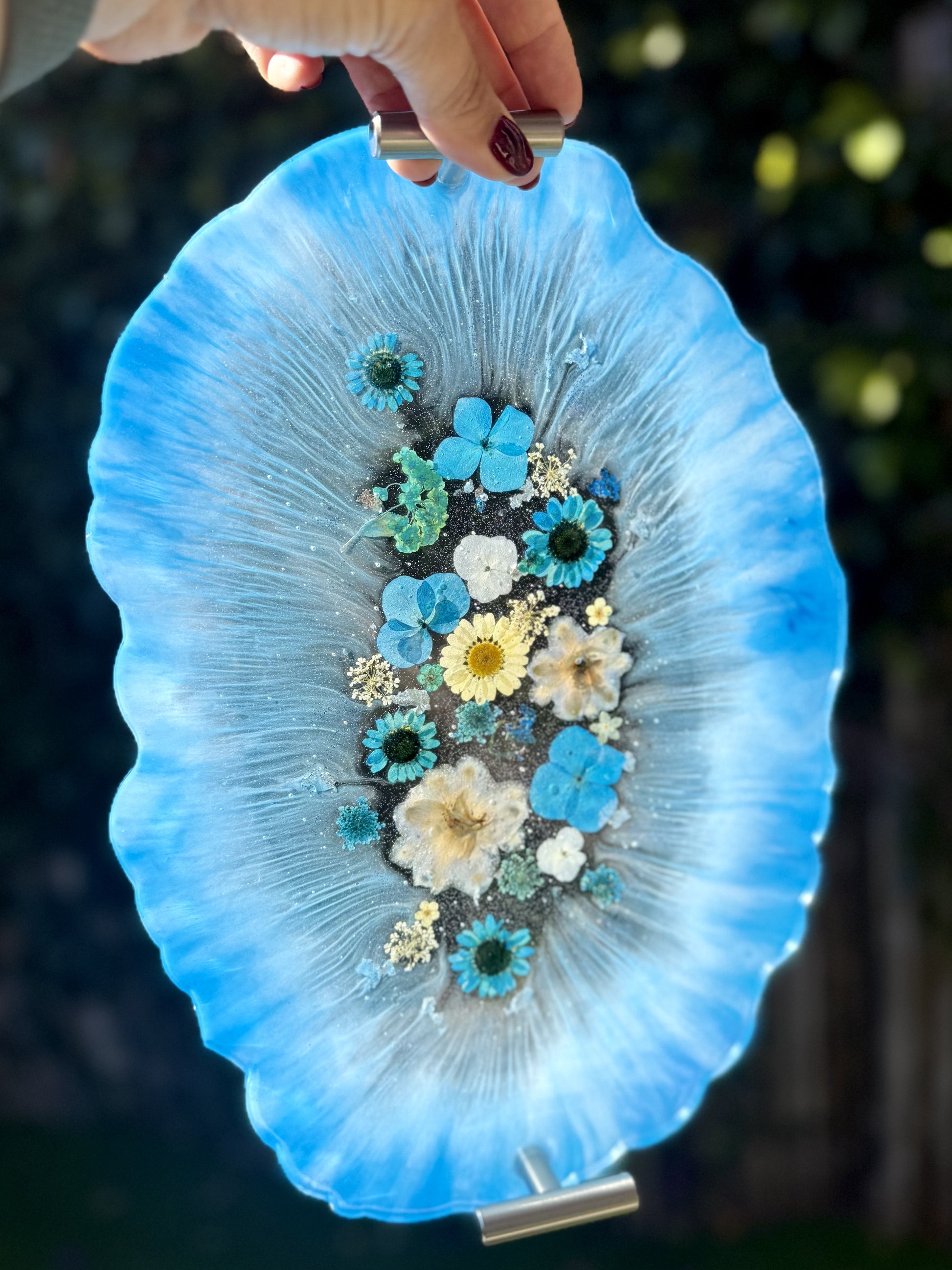 Ocean Blue Floral Resin Tray, 12 by 9 inches, handmade with pressed flowers