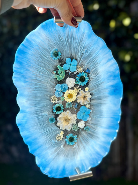 Ocean Blue Floral Resin Tray, 12 by 9 inches, handmade with pressed flowers